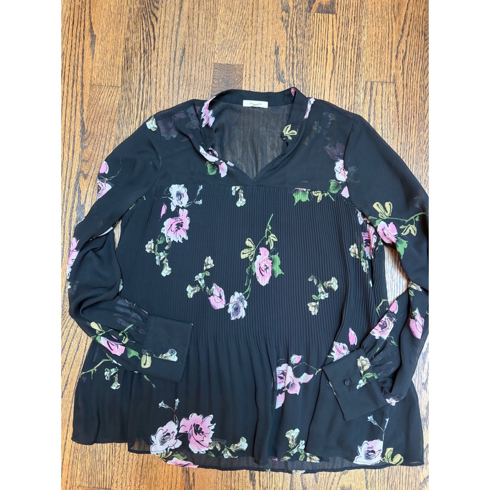 Pleione Floral Blouse Sheet S Black Pink Pleated Chiffon Whimsigoth Romantic